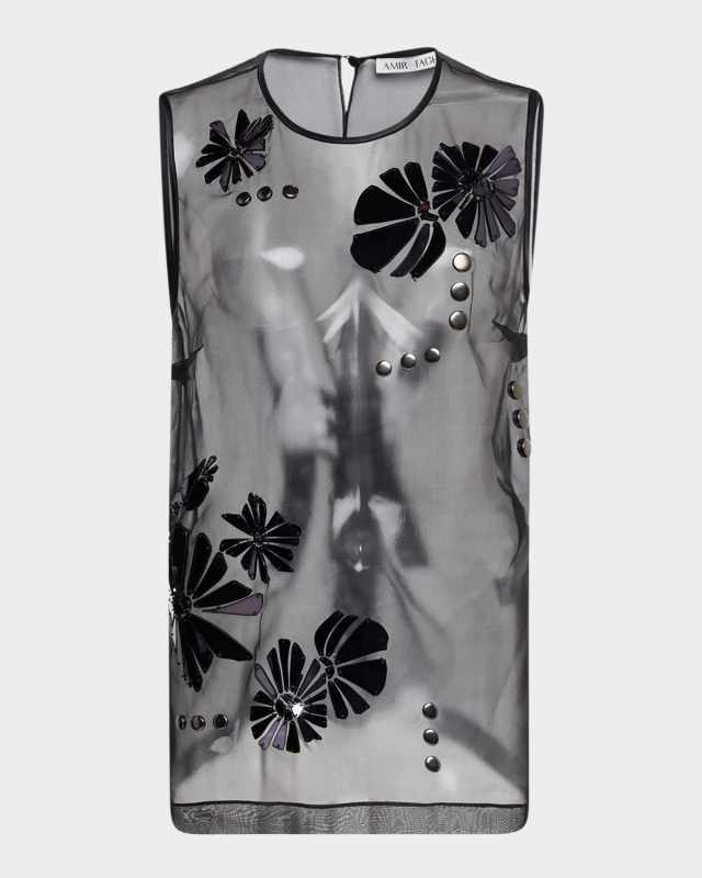 Sima Floral Embroidered Sheer Silk Tank Top